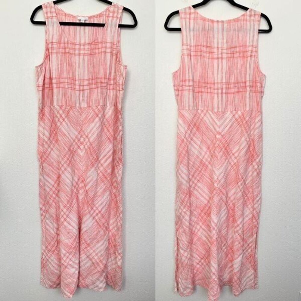 J. Jill Love Linen Coral Plaid Shift Maxi Dress Sleeveless Scoop Women's Small P